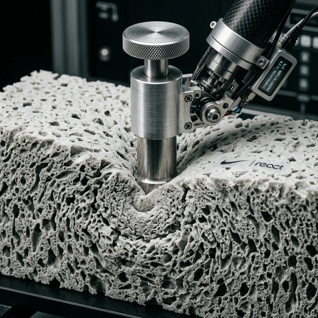 A close-up, highly detailed photorealistic image of Nike React Foam material. Showing the porous, squishy yet durable texture of the foam being pressed by a futuristic mechanical tester, demonstrating softness and energy return.