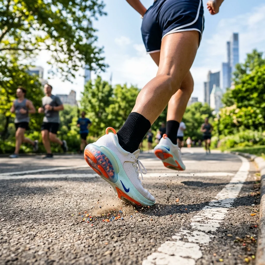 An action shot of a runner's foot striking the pavement while wearing Nike Joyride shoes, visualizing the colorful beads compressing to provide cushioning.