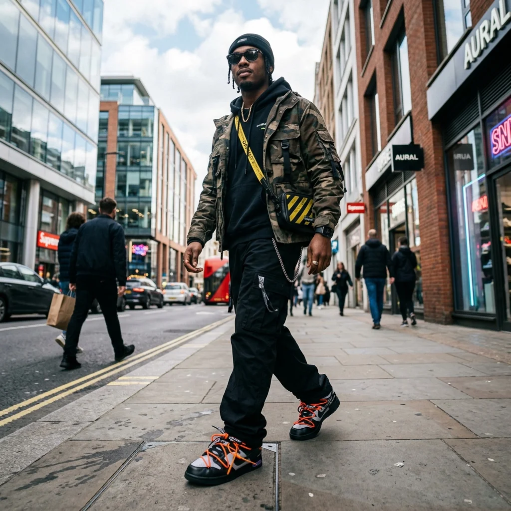 Photorealistic stylish person wearing Nike Dunk Low Off-White sneakers walking down a modern city street