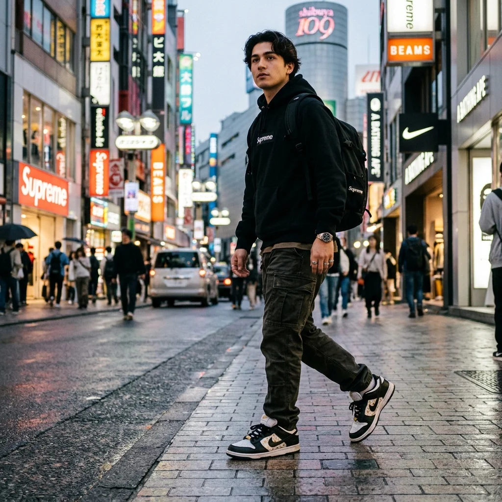 Best Nike Supreme Collaborations 2 A cinematic shot of a person wearing stylish Nike x Supreme sneakers walking on a vibrant city street, capturing the essence of hype culture and streetwear fashion.