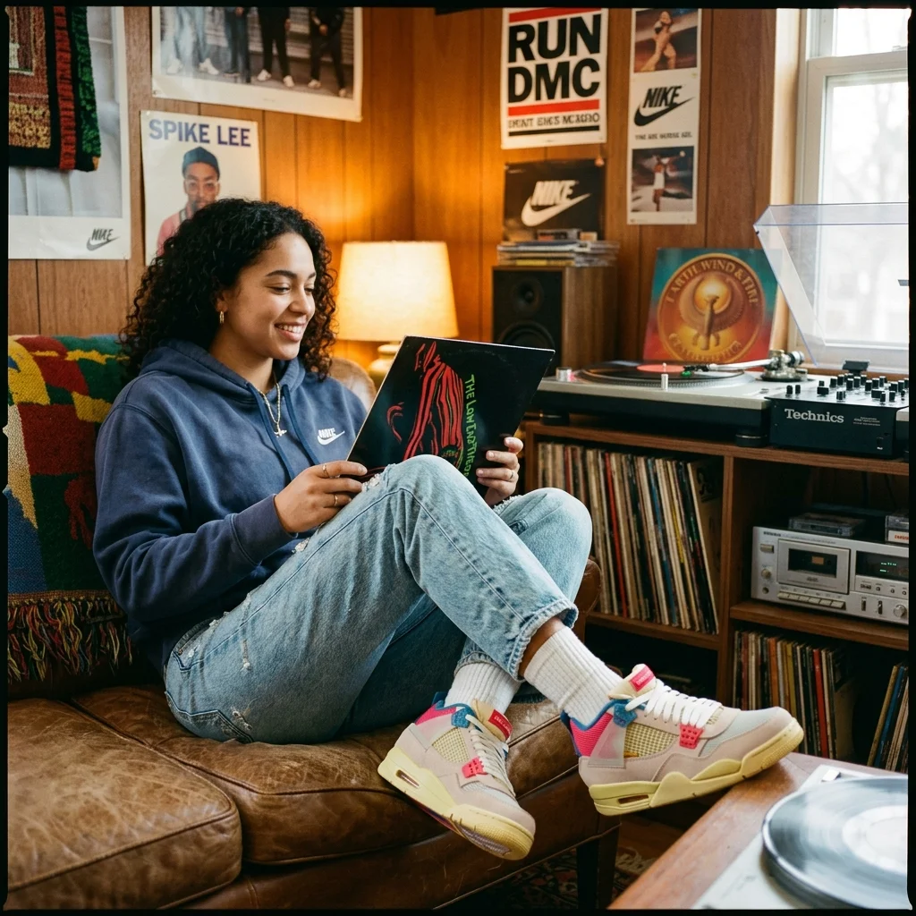 A cinematic, lifestyle shot of a person wearing Nike x Union LA sneakers in a retro-themed setting, showcasing the timeless and nostalgic appeal of the collaboration.