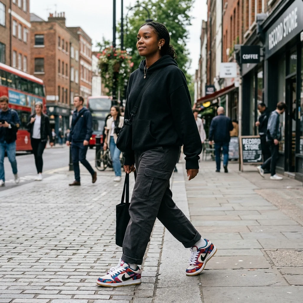Urban street style photography showing someone wearing colorful, artistic sneakers with a minimalist outfit to make the shoes pop