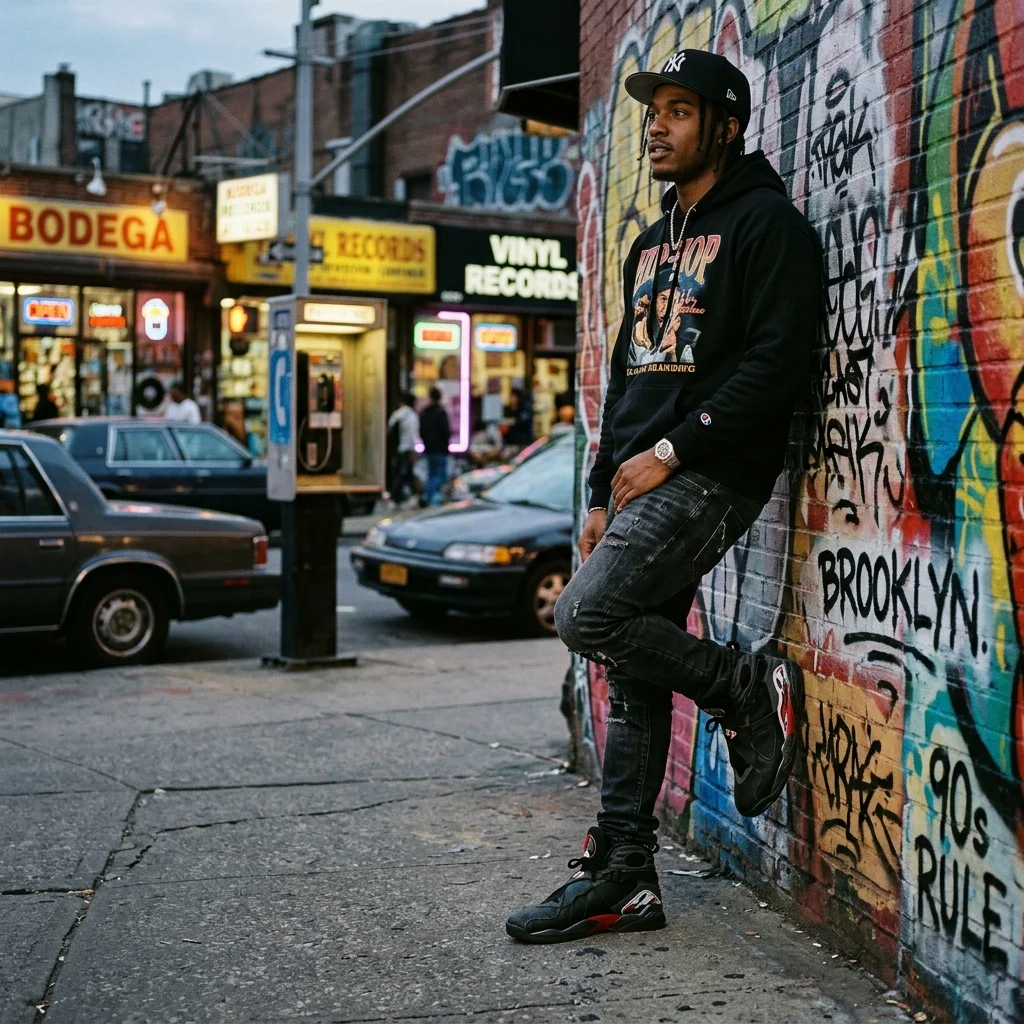 Photorealistic lifestyle shot of someone wearing Air Jordan 8 sneakers leaning against a classic 90s background, emphasizing the heavy design and streetwear appeal, cinematic lighting.