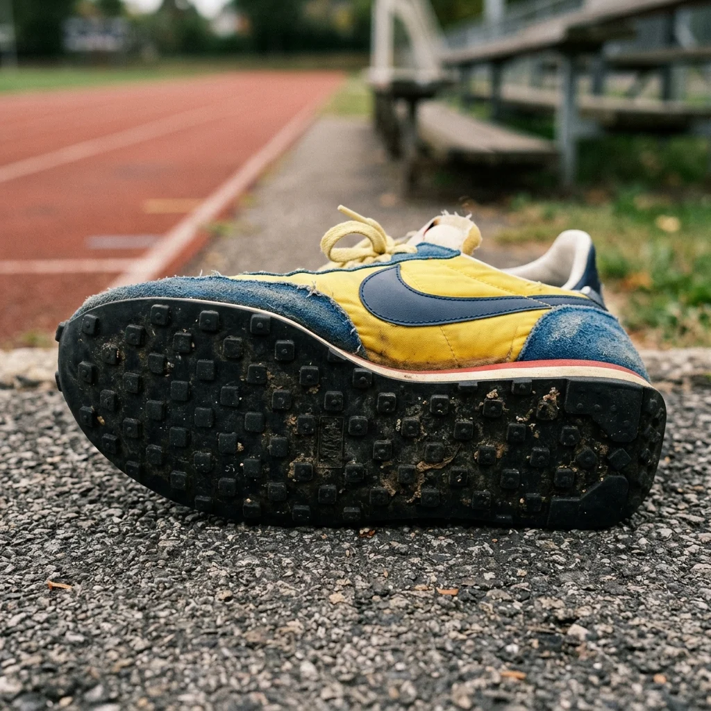 Close-up of a vintage Nike waffle trainer shoe displaying its unique waffle-patterned sole