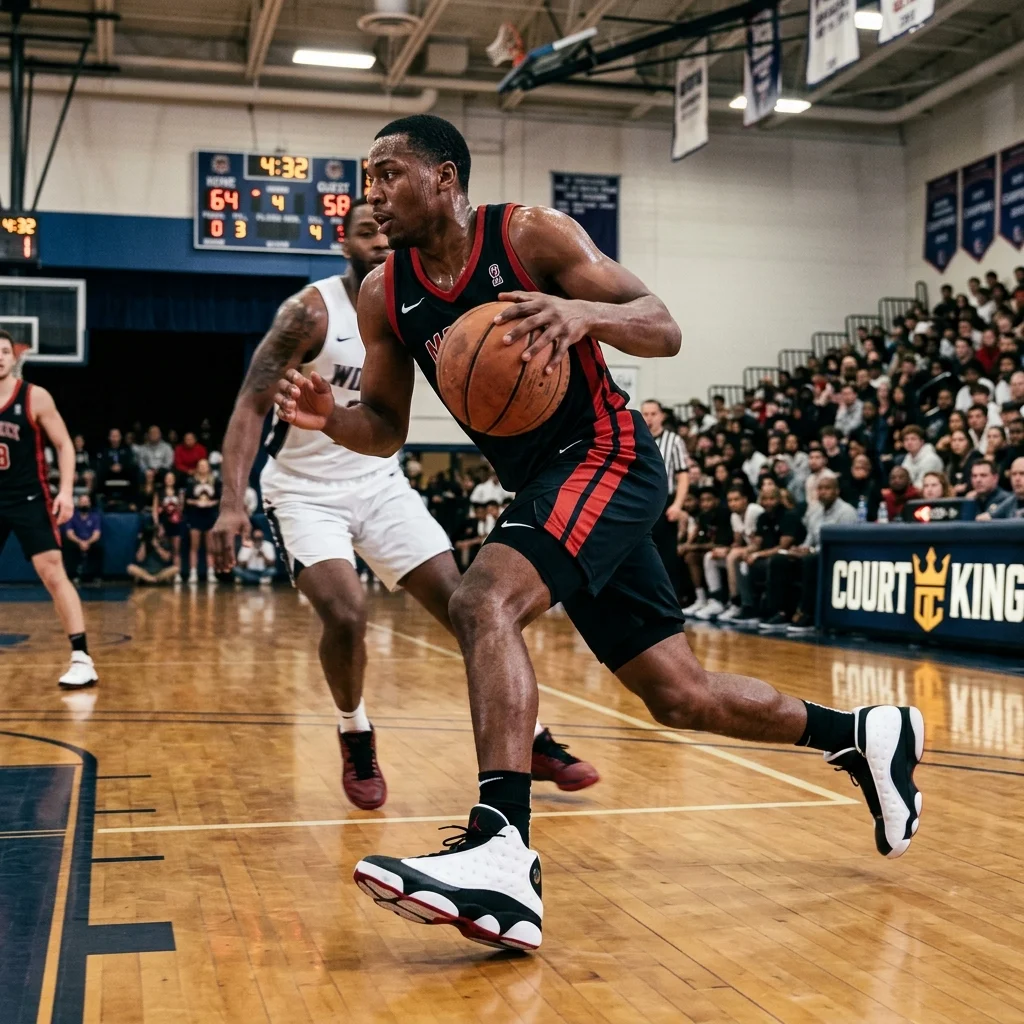 Air Jordan 13 The Complete History 2 A person wearing Air Jordan 13 on a basketball court, dynamic action shot, photorealistic