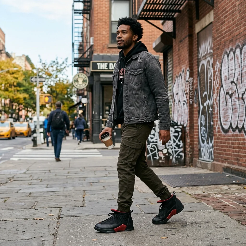 Air Jordan 15 The Complete History 2 A person wearing Air Jordan 15 sneakers in a stylish urban setting, lifestyle photography, crisp details, showing the distinctive silhouette of the shoes.