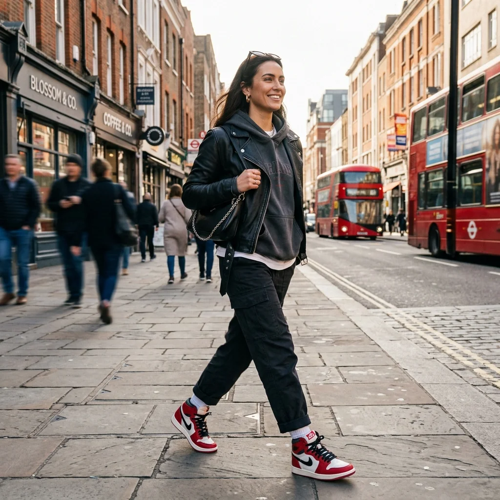 Woman wearing Air Jordan sneakers in the city