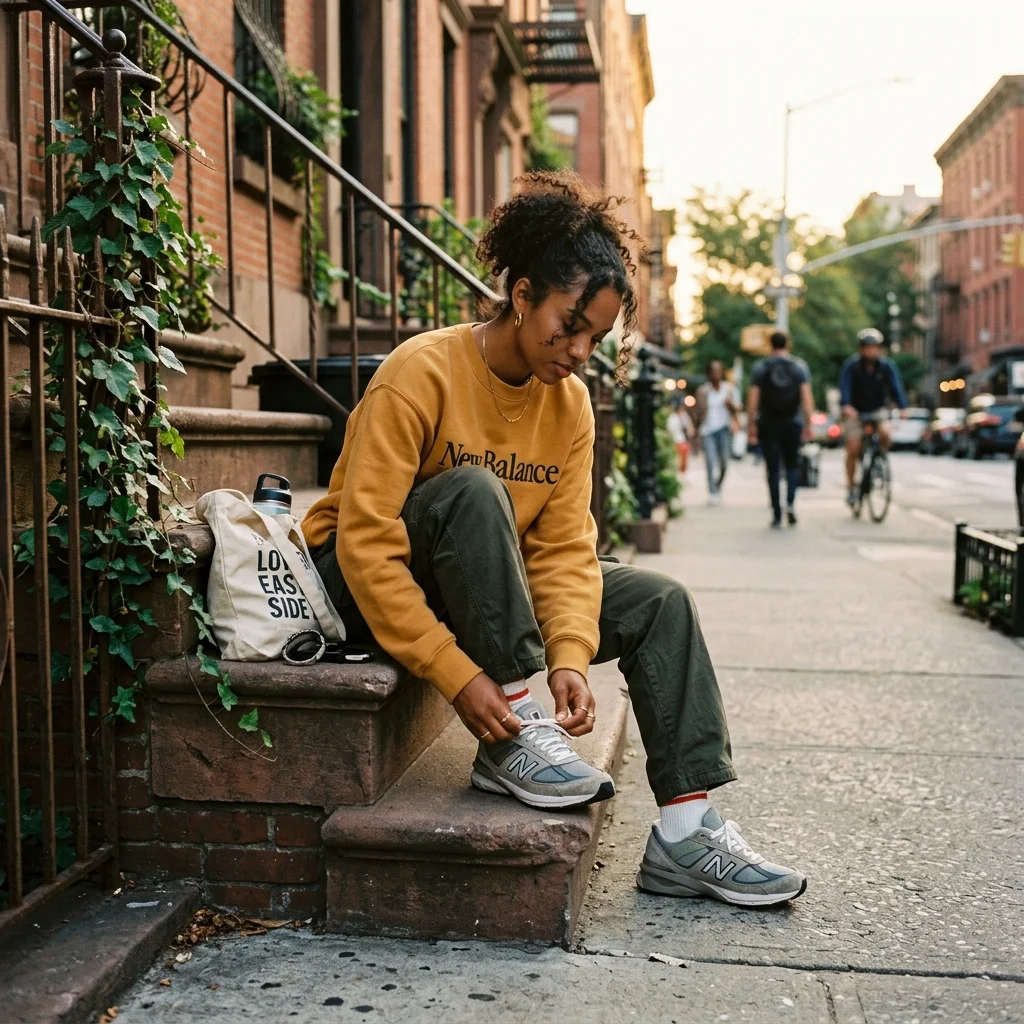 New Balance Heritage Innovation Comfort 2 Person wearing New Balance sneakers tying laces