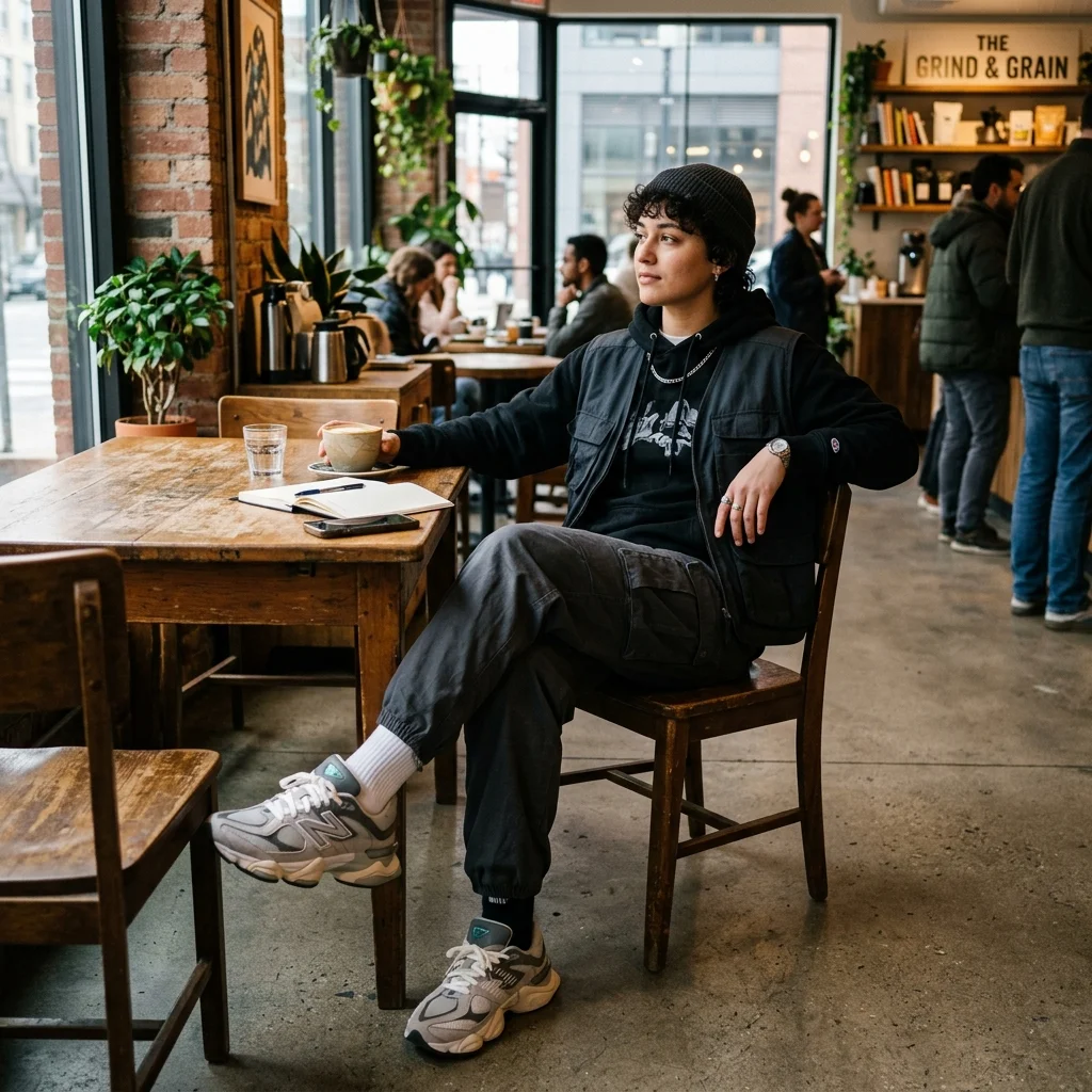 A fashionable person wearing New Balance 9060 sneakers sitting in a trendy cafe showcasing modern streetwear style