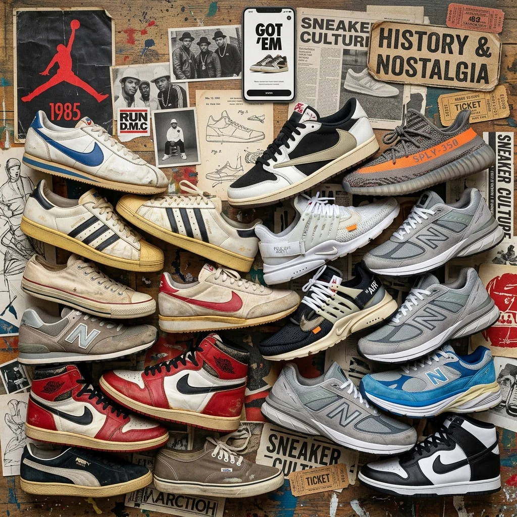 A collage-like artistic shot of vintage and modern sneakers blending together, representing nostalgia and history in sneaker culture, 8k resolution, photorealistic.