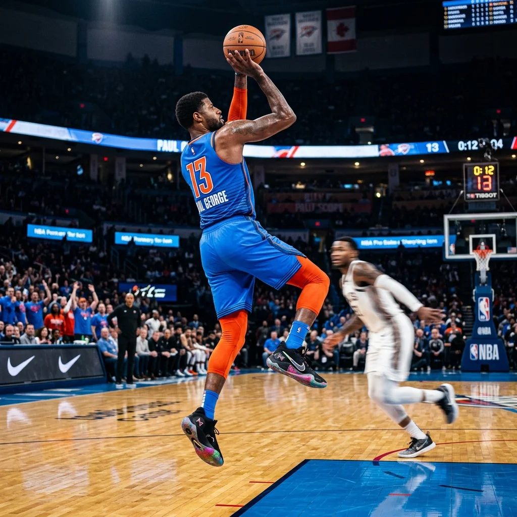 Photorealistic action shot of a basketball player wearing Nike PG shoes making a step-back jump shot, hardwood court, dramatic sports lighting.