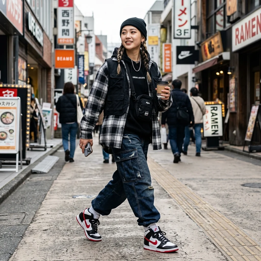 Lifestyle photo of someone wearing Nike Dunk High sneakers with streetwear outfit, stylish, urban fashion