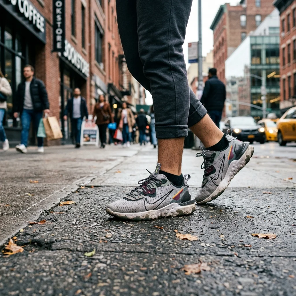 Person's feet wearing Nike React Vision sneakers while walking confidently down a city street