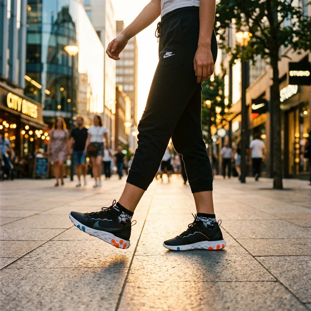 A stylish, cinematic lifestyle shot of someone wearing Nike React sneakers walking down a modern city street at golden hour. The focus is on the comfortable stride and the sleek design of the React foam sole.