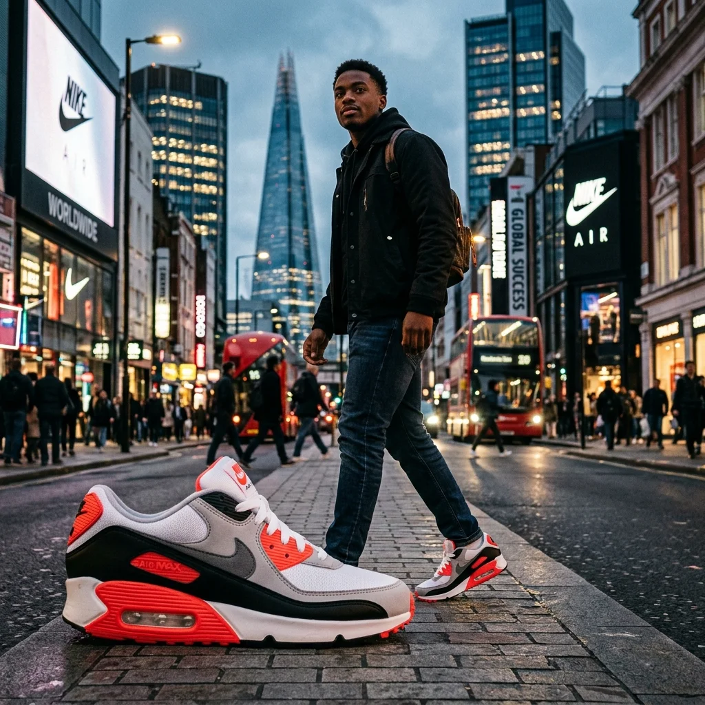 Modern Nike Air Max sneaker in an urban setting representing the evolution and global success of the brand