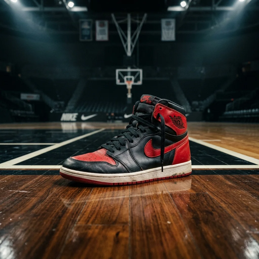 High-top Nike basketball shoe resting on a polished hardwood basketball court with dramatic lighting