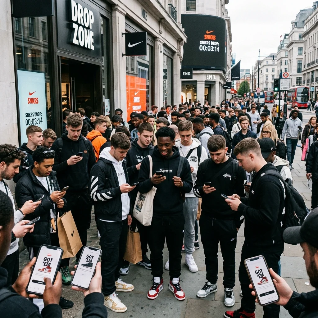 The Evolution of Sneaker Culture in the USA 4 Modern sneaker drop day people checking SNKRS app