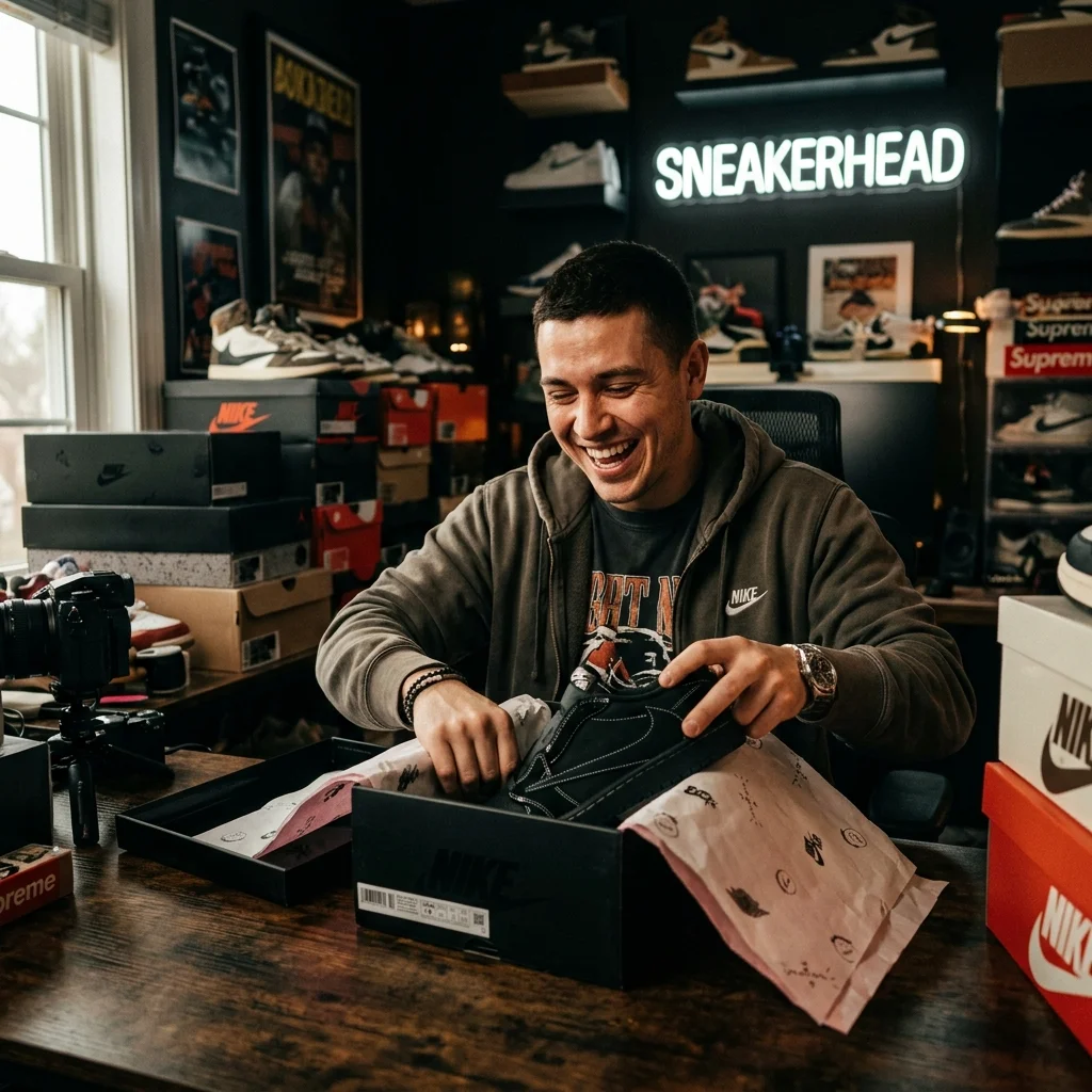 Sneaker collector unboxing a highly anticipated release, pure excitement on face, cinematic lighting, high quality, photorealistic.