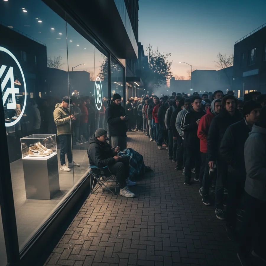 Crowd waiting in line for a limited sneaker release, representing the retail revolution sparked by Air Jordan 1
