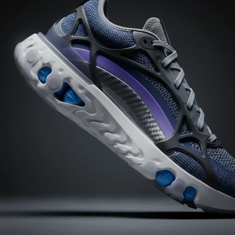 Cutaway view of a sneaker sole, illustrating advanced cushioning technology and internal support structures.