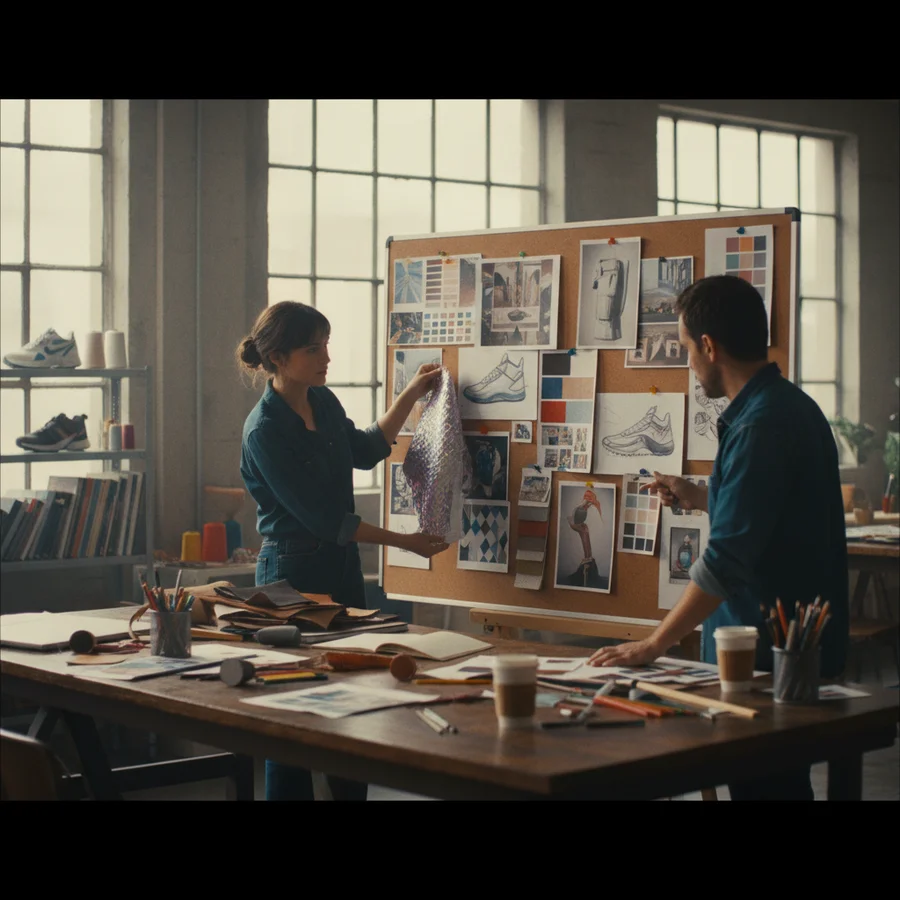 Designers reviewing mood boards and materials for a collaborative project, emphasizing partner selection