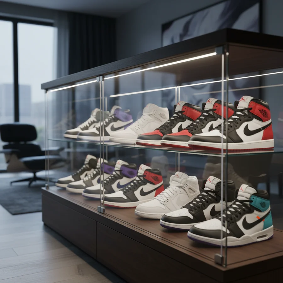 Diverse collection of Air Jordan sneakers in various iconic colorways lined up.