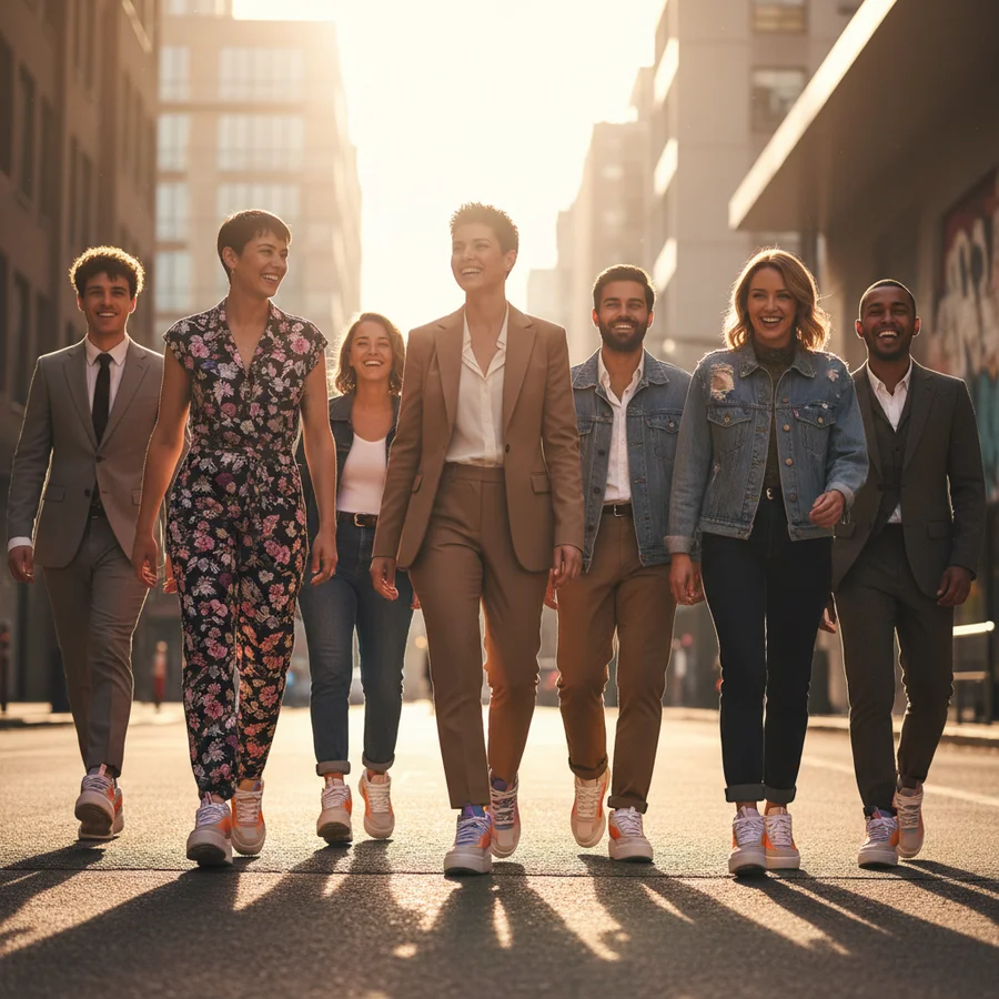 Diverse group of individuals confidently wearing various styles of gender-neutral sneakers, illustrating freedom of expression beyond traditional norms.