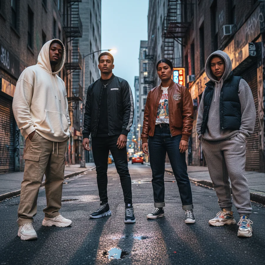 Streetwear Brands Perfect Pairing with Sneakers 1 Diverse group of individuals showcasing various streetwear silhouettes like oversized hoodies, wide-leg pants, and tailored joggers