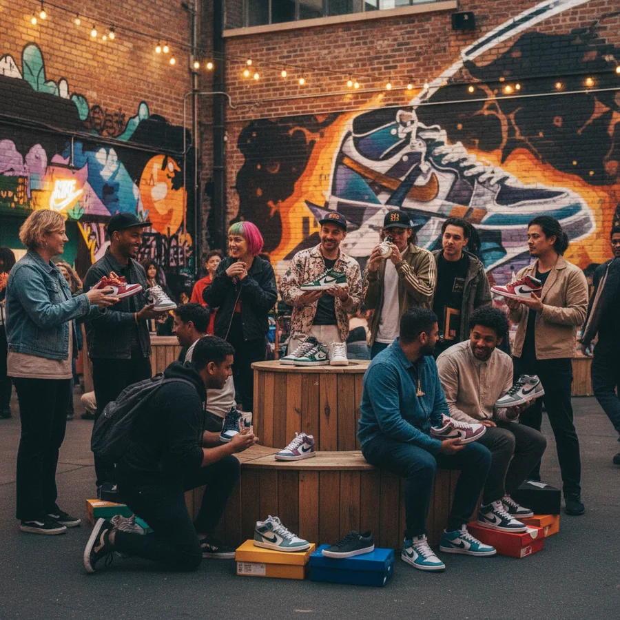 Diverse group of people connecting and sharing their love for sneakers, fostering a sense of community