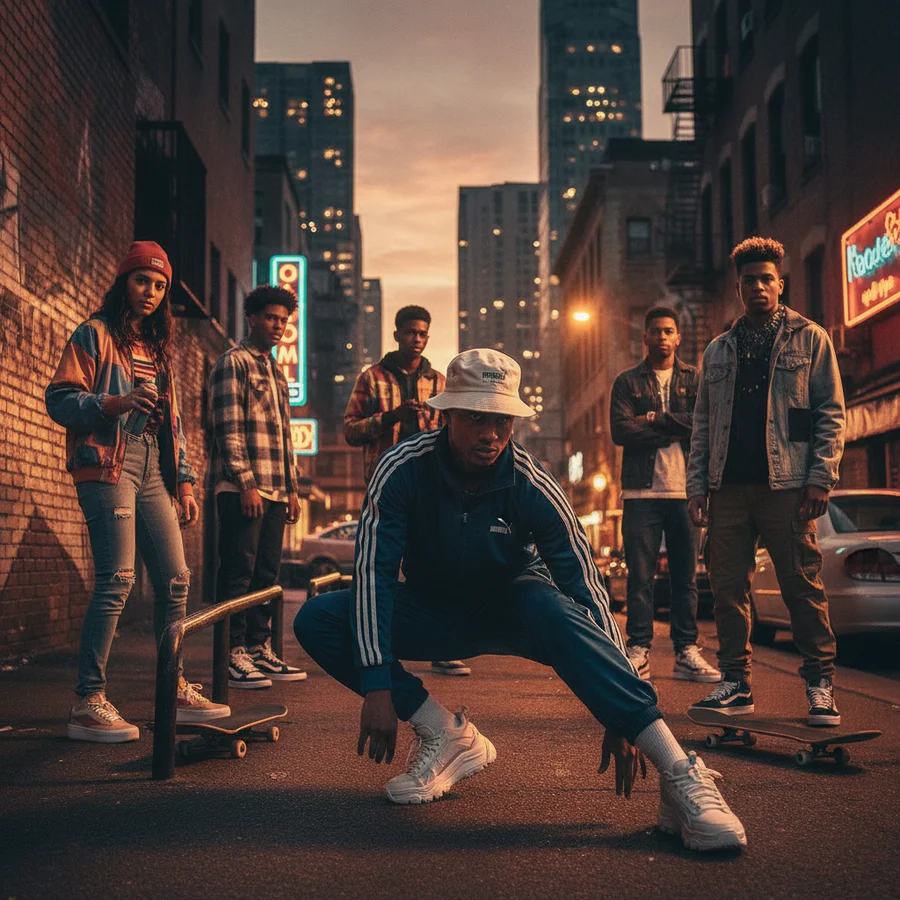 Diverse group of people from different subcultures wearing iconic sneakers, representing various cultural identities and fashion trends.