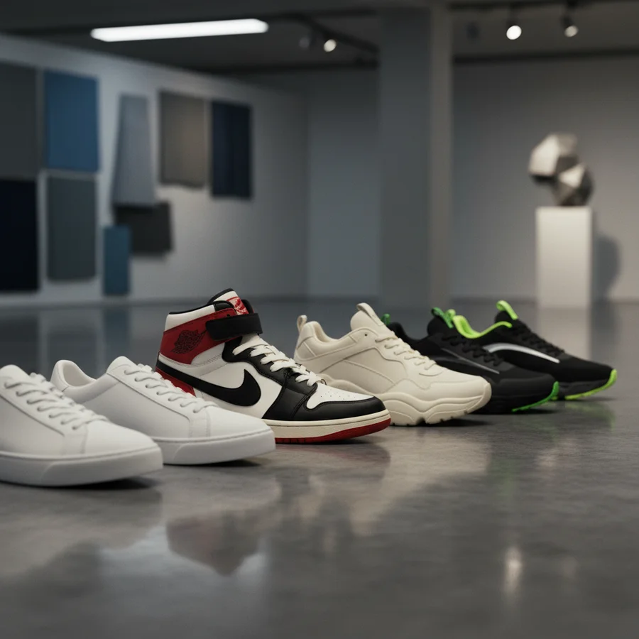 Styling Sneakers for Every Occasion 1 Diverse range of sneakers including minimalist white, high-tops, chunky platforms, and sleek athletic styles, lined up to illustrate different types.