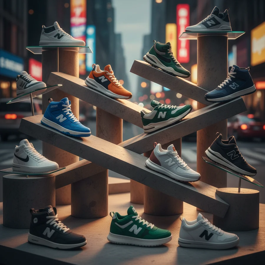 Diverse sneakers on a multi-layered display representing global trends