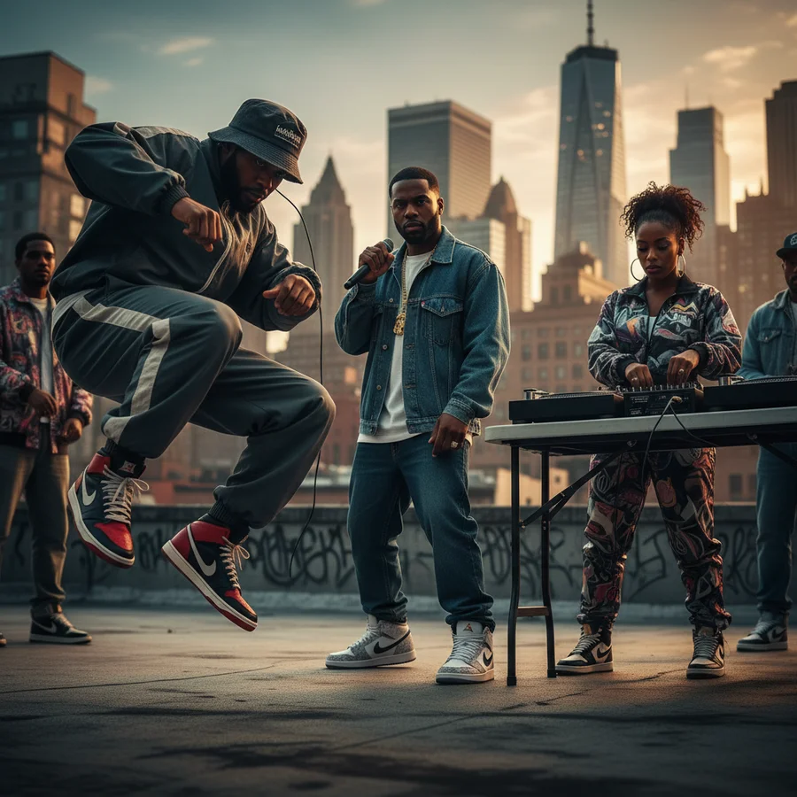Dynamic image showing hip-hop artists from the 80s and 90s prominently featuring basketball shoes as part of their style.