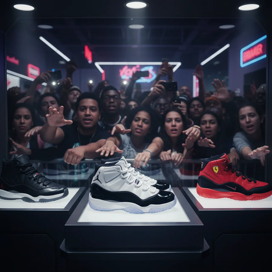 Dynamic image showing the Air Jordan 11 'Concord' and other popular mid-era Jordan shoes, with a crowd eagerly watching.
