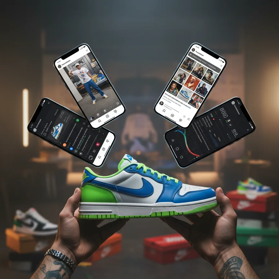 Platform Impact & Celebrities Through Cushiow Collection 2 Dynamic imagery of multiple smartphones displaying viral sneaker trends, social media interfaces, and hands holding a hot new sneaker drop