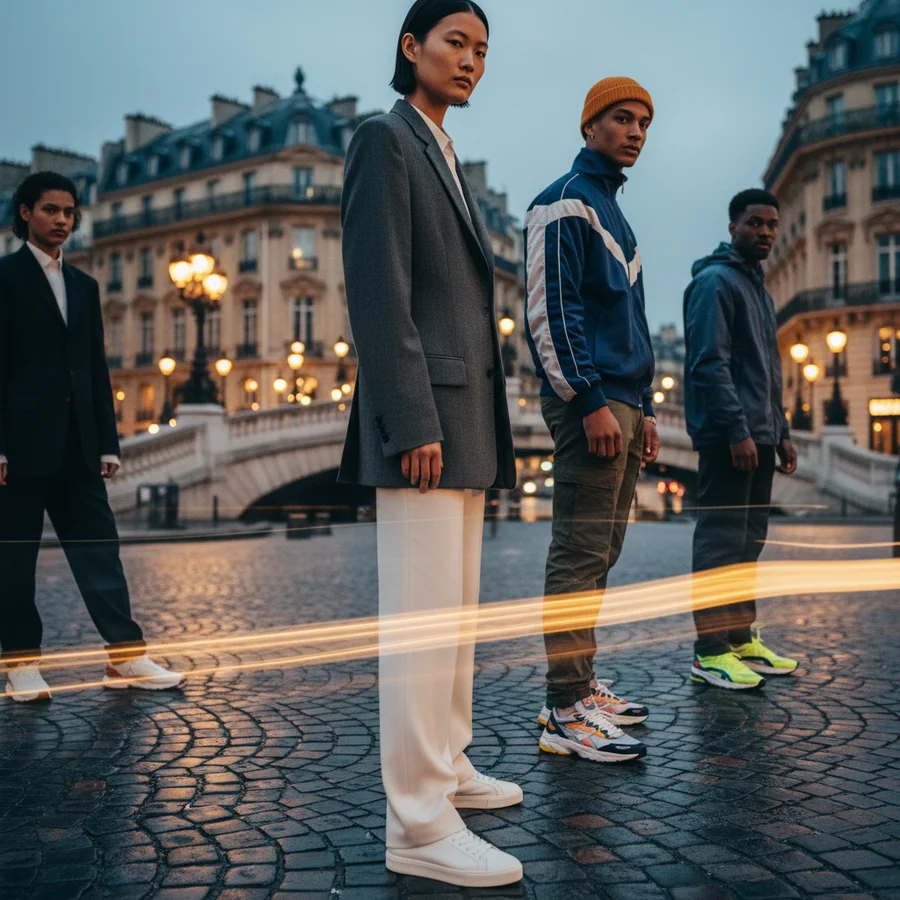 Elegant sneakers paired with high-fashion apparel in a European city scene
