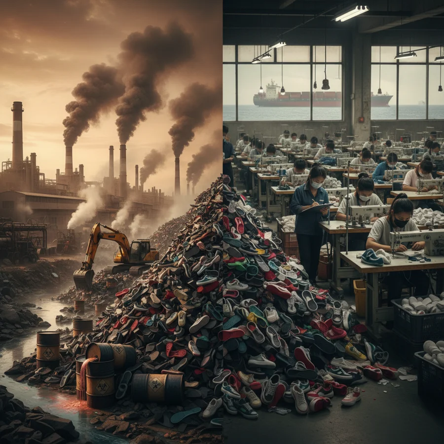 Environmental challenges of sneaker manufacturing, including waste, emissions, and chemical use
