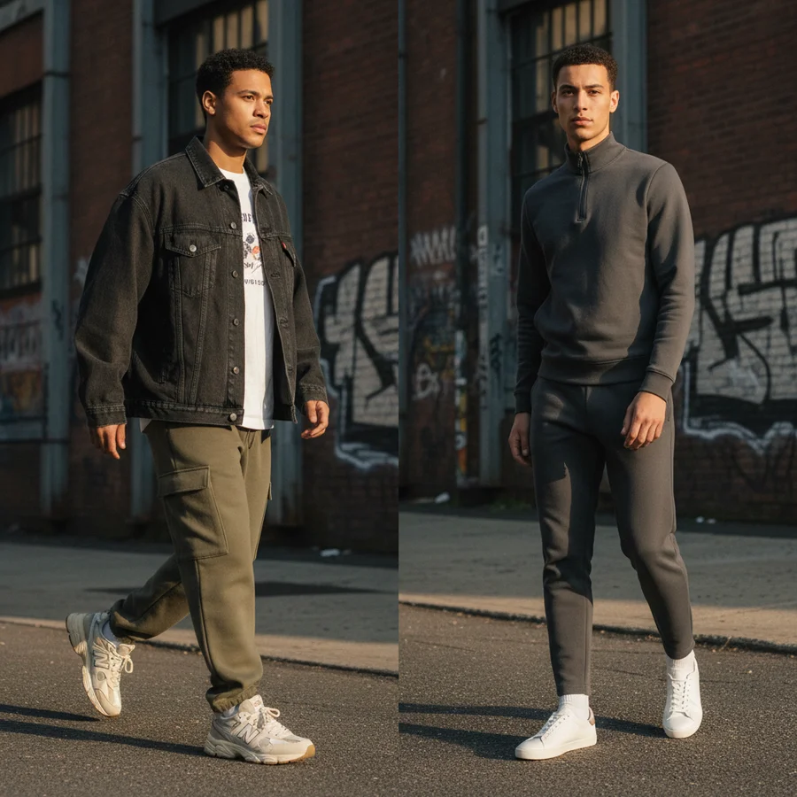 Streetwear Brands Perfect Pairing with Sneakers 4 Examples of balanced streetwear outfits, one with baggy clothes and chunky sneakers, another with tapered clothes and low-profile sneakers.