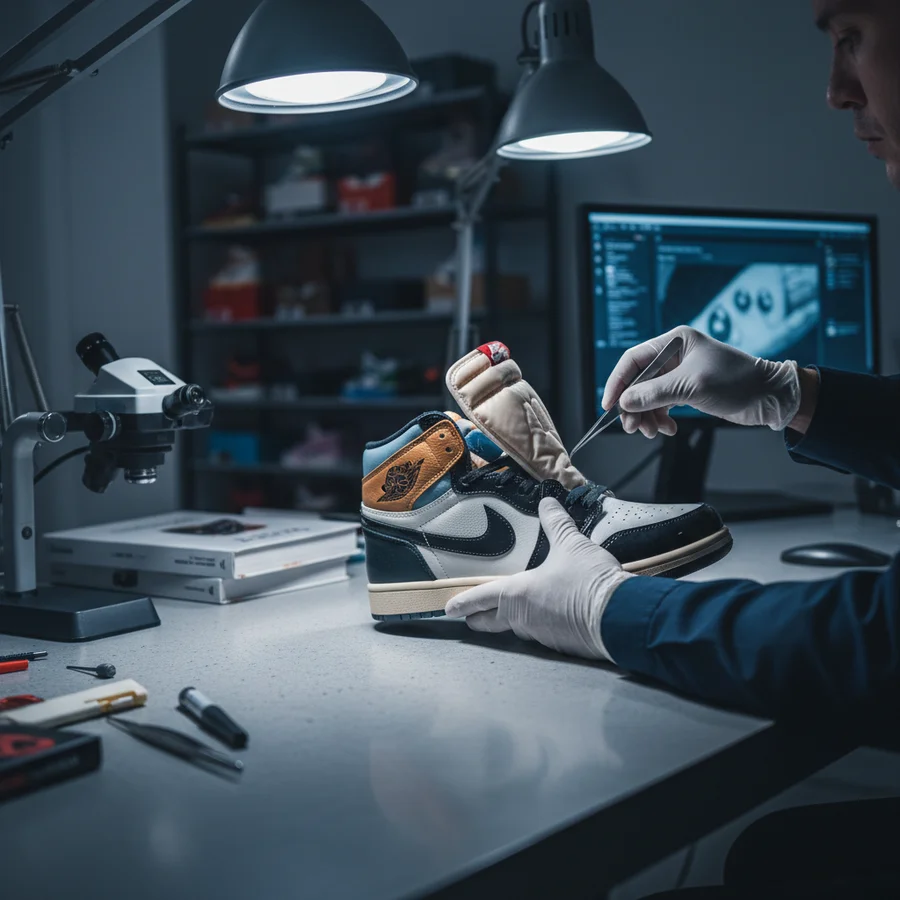Expert hands meticulously inspecting a sneaker for authenticity under bright light