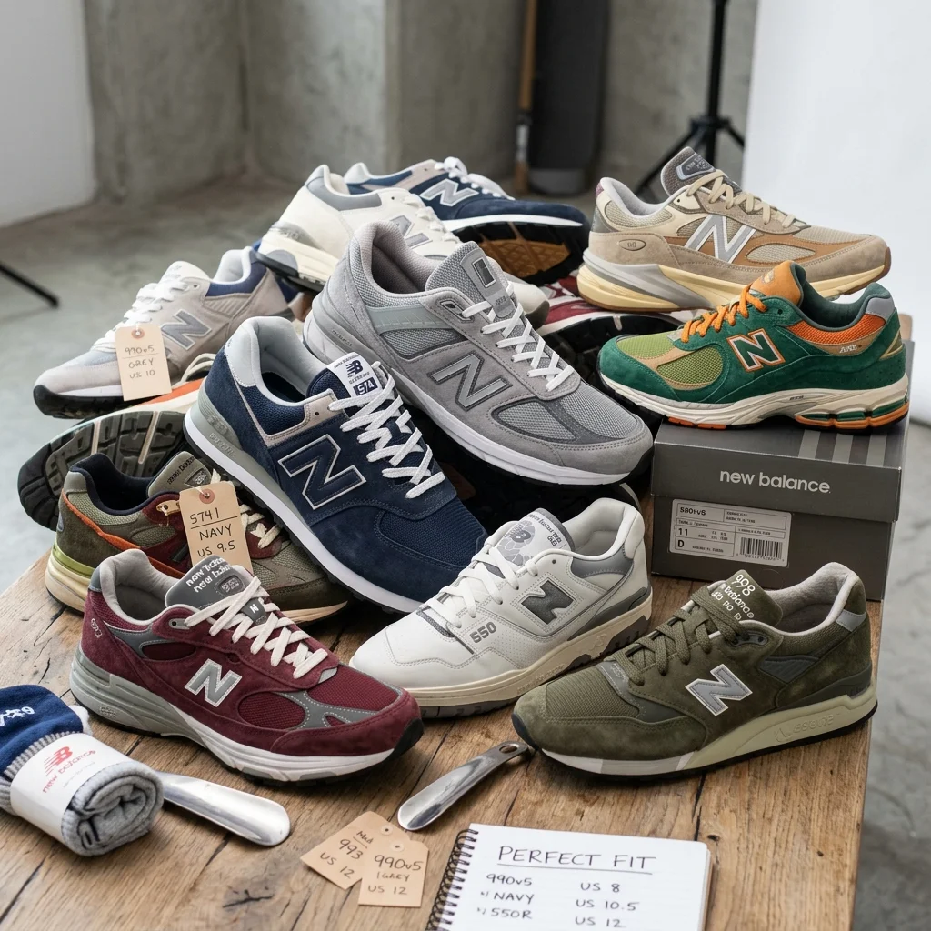 New Balance sneakers arranged in a stylish layout