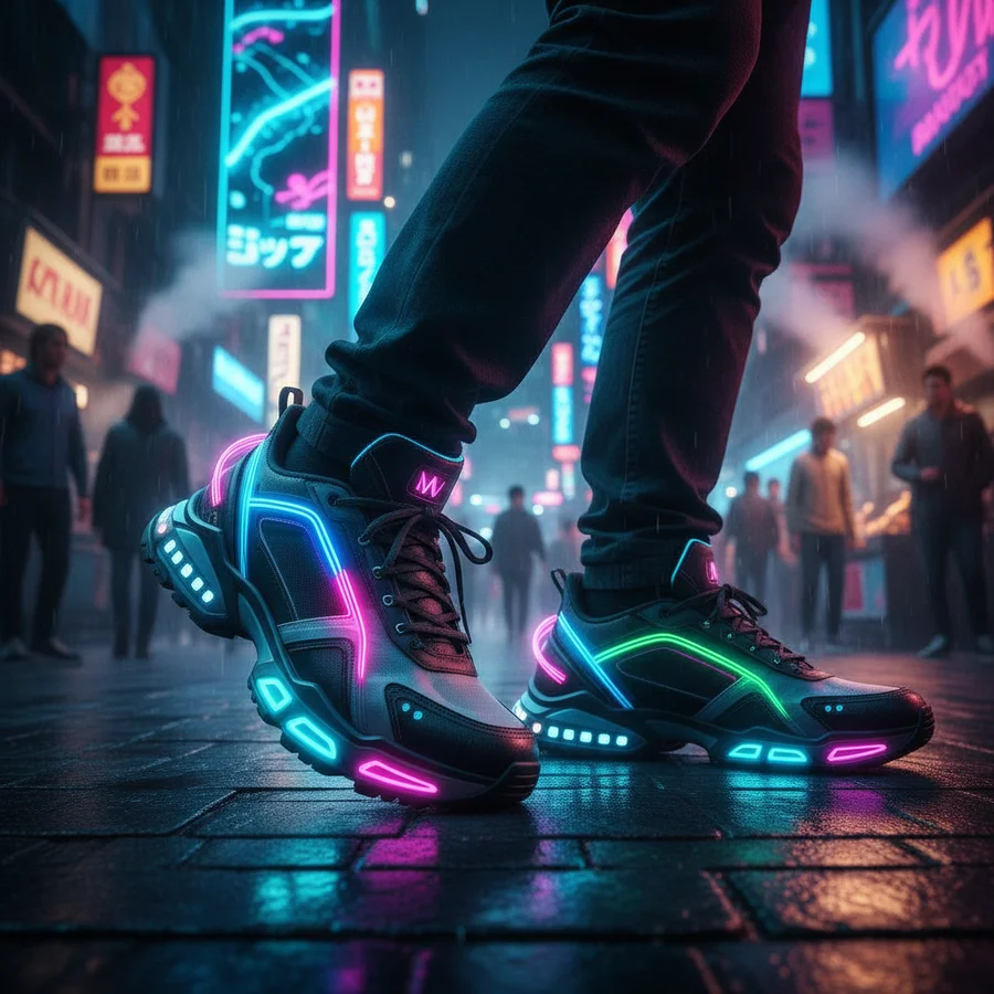 Futuristic sneakers with neon lights in a bustling Tokyo or Seoul street at night