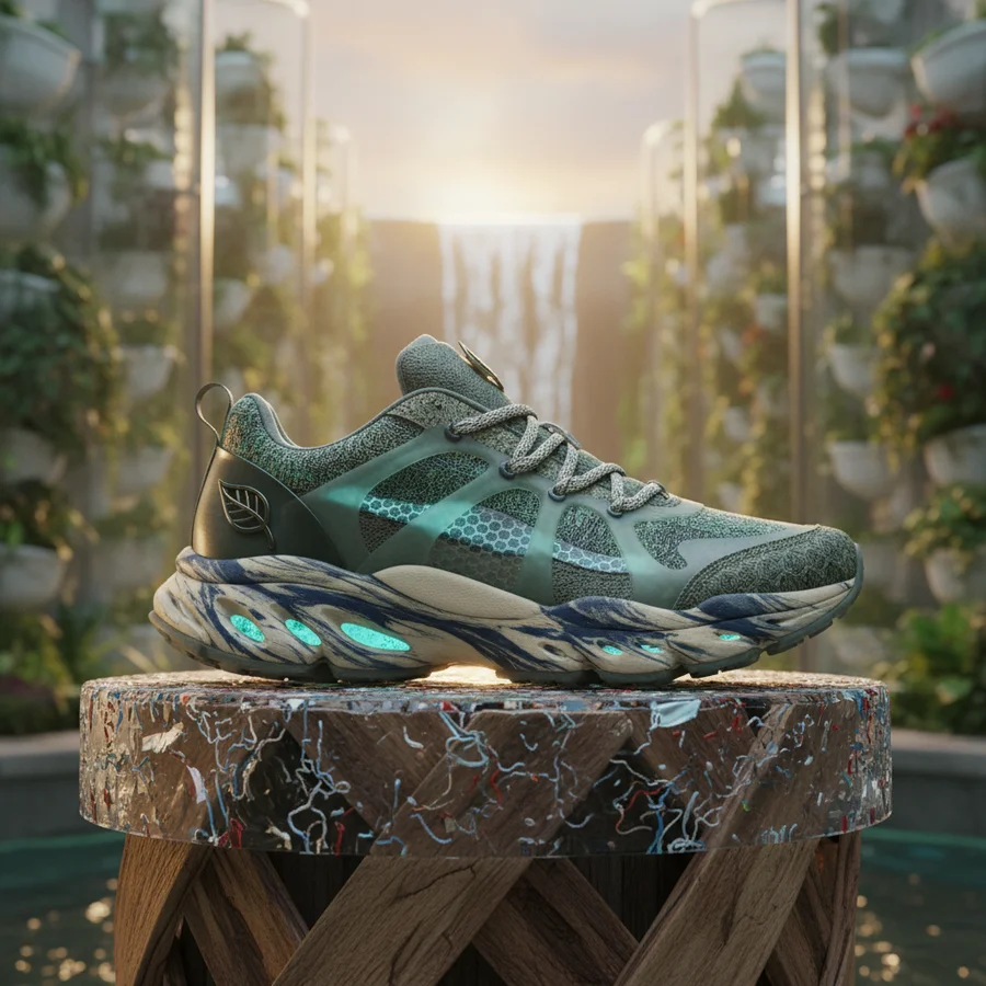 Futuristic sustainable sneaker with innovative materials.