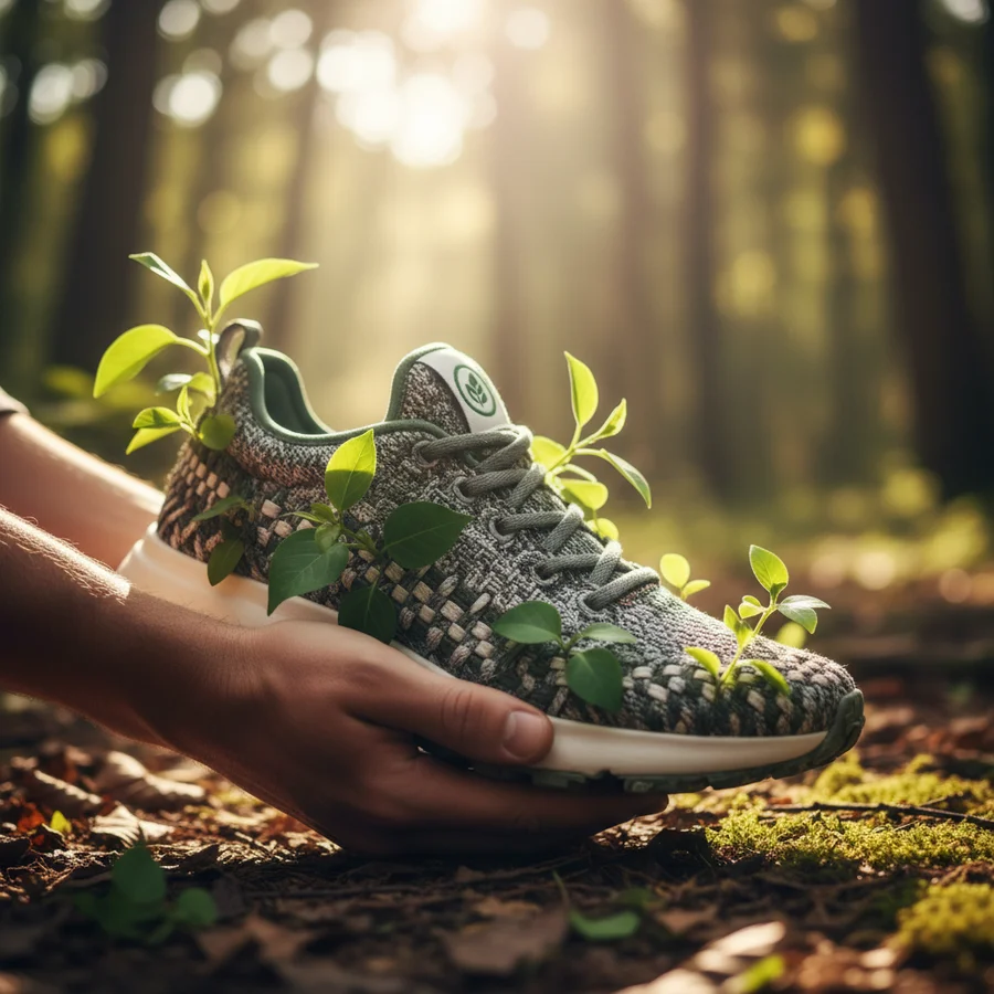 Hands holding a sneaker with green leaves, symbolizing the positive impact of sustainable consumer choice