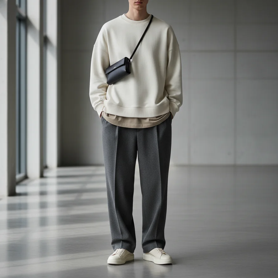 Streetwear Brands Perfect Pairing with Sneakers 7 High-end luxury streetwear outfit featuring minimalistic designs and a clean pair of trainers, illustrating modern sneaker pairings.