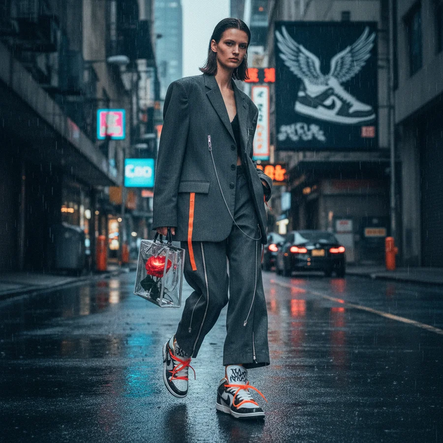 High fashion model wearing luxury sneakers in an urban setting.