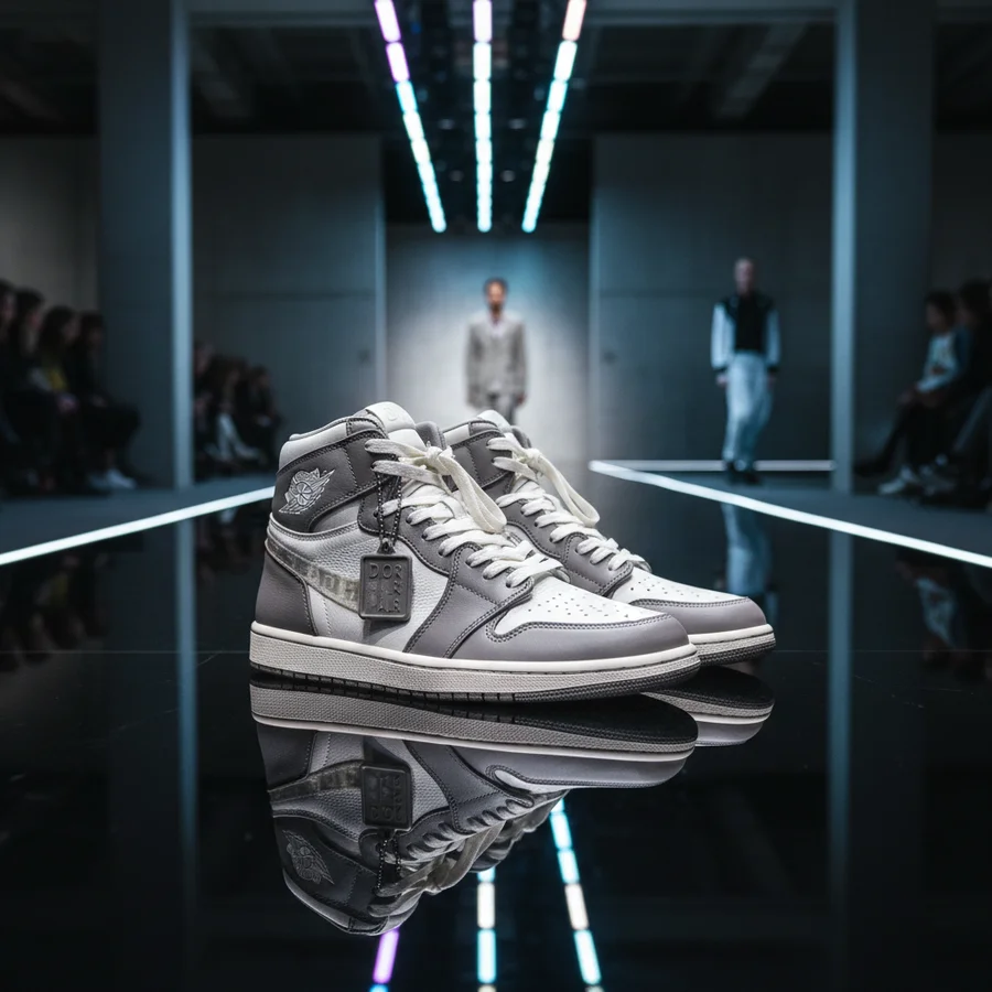 High-fashion photo showing the Dior x Air Jordan 1 collaboration shoe on a runway.