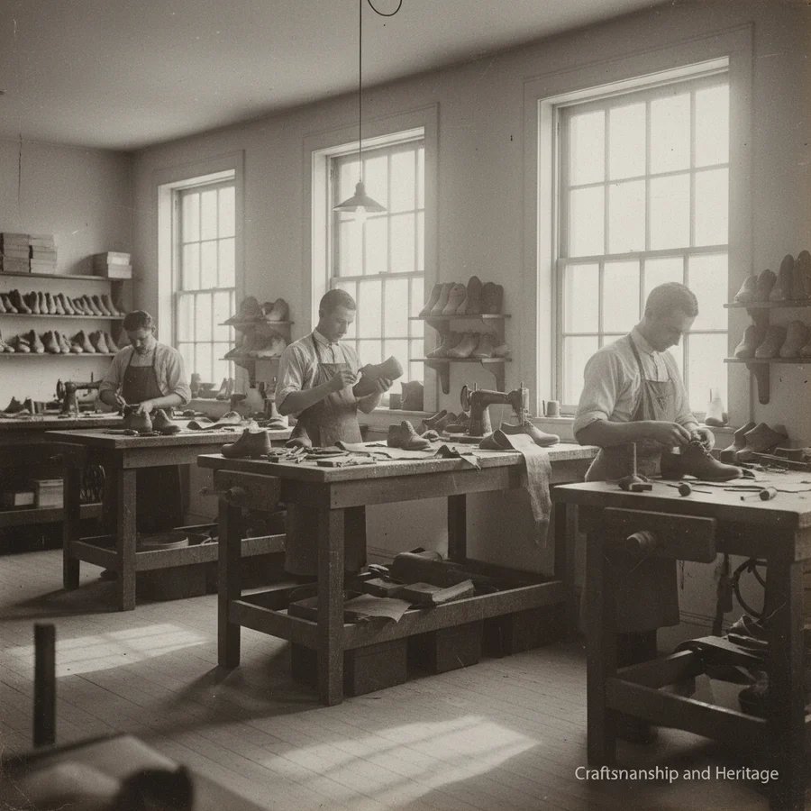 Historical black and white image of early New Balance factory, showing craftsmen working on shoes.