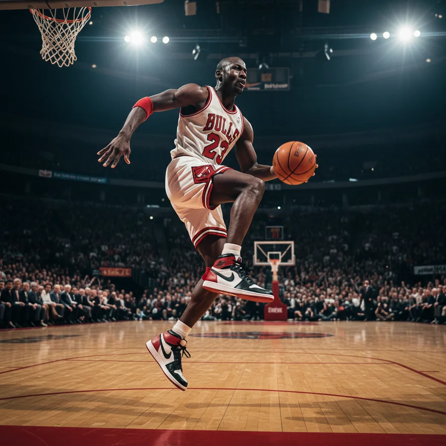 Iconic image of Michael Jordan in an early Air Jordan 1 with Nike branding