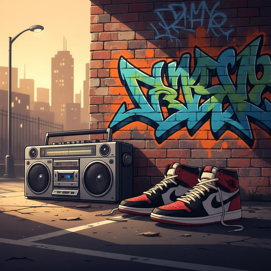 Illustration of a boombox, a graffiti wall, and Air Jordan sneakers