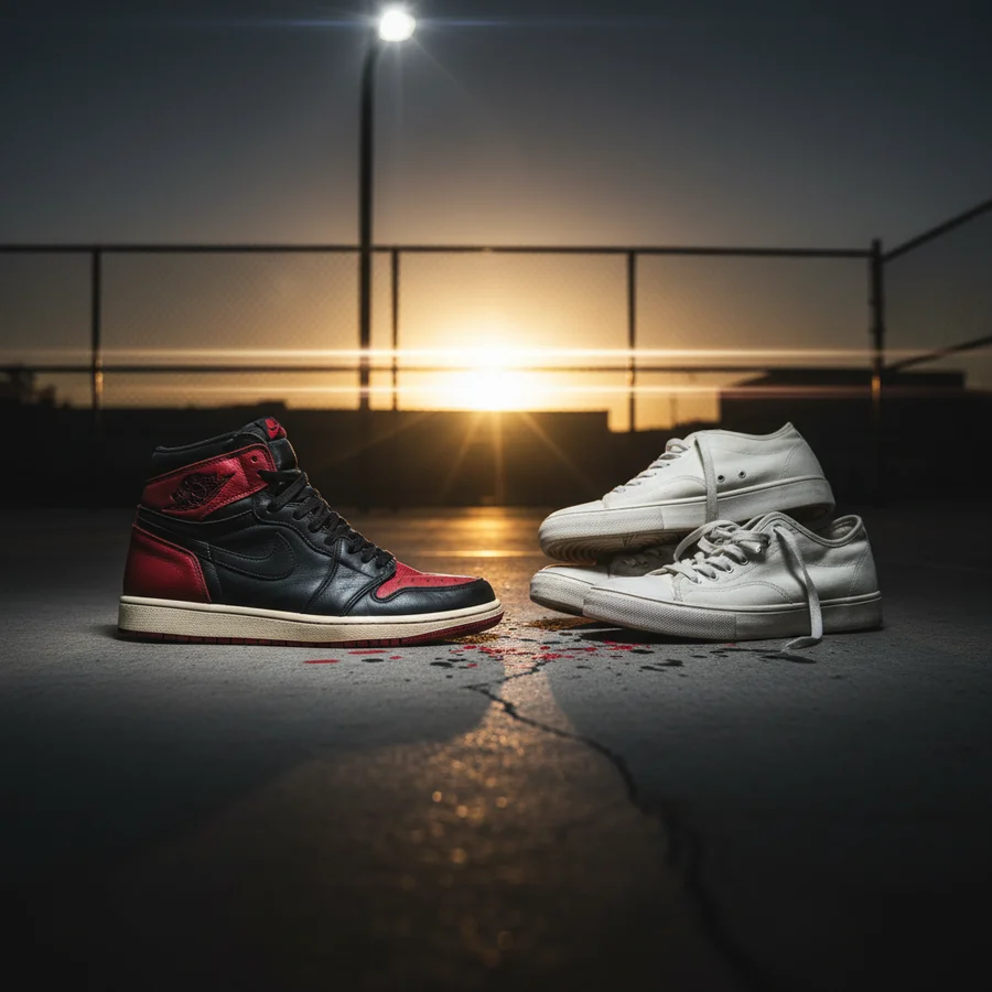 Illustration of a vintage Air Jordan 1 contrasting with traditional white basketball shoes